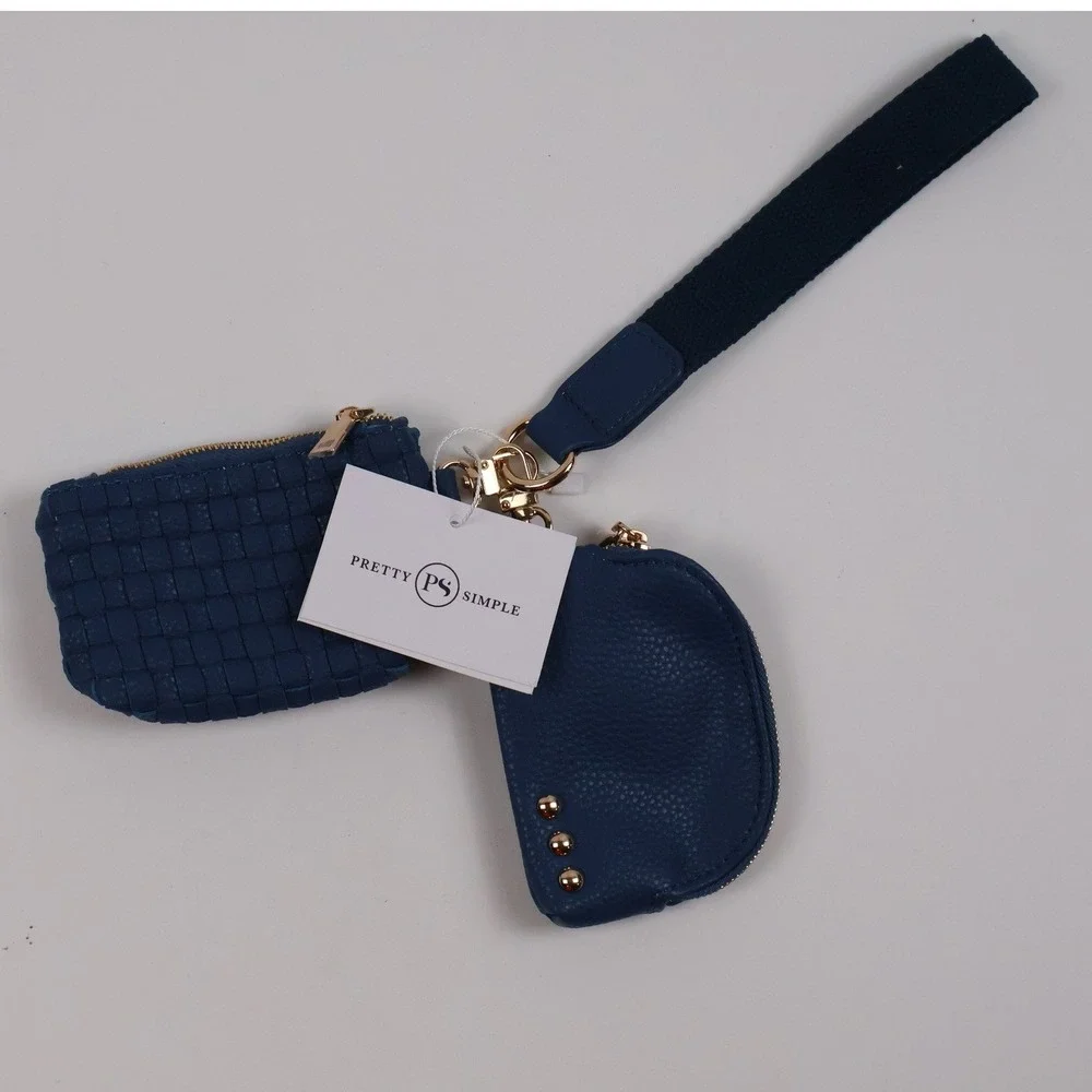 Pretty Simple Dual Pouch Wristlet Navy Blue Woven Pebbled NWT